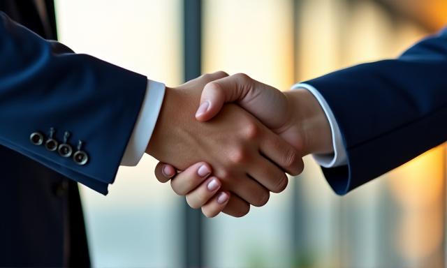 Business professionals shaking hands after a successful legal negotiation